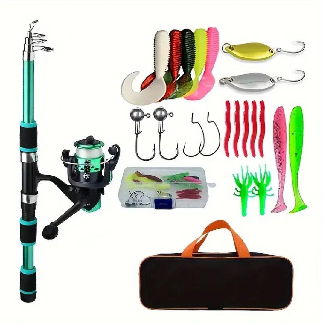Telescoping Fishing Rod, Reel And Lures Set With Carrying Case- Green