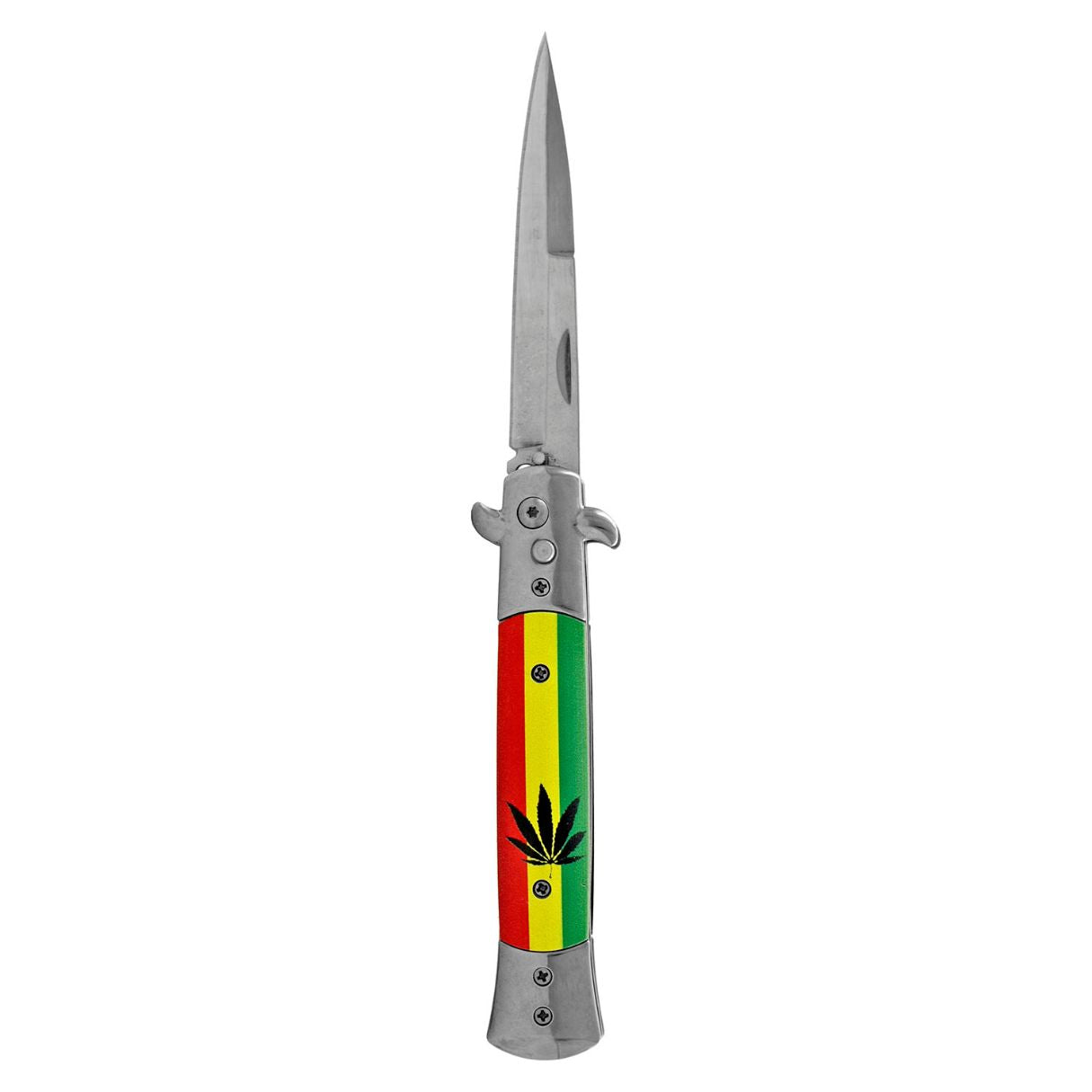 5" Stainless Steel Push Button Switchblade Folding Pocket Knife - Marijuana Rasta
