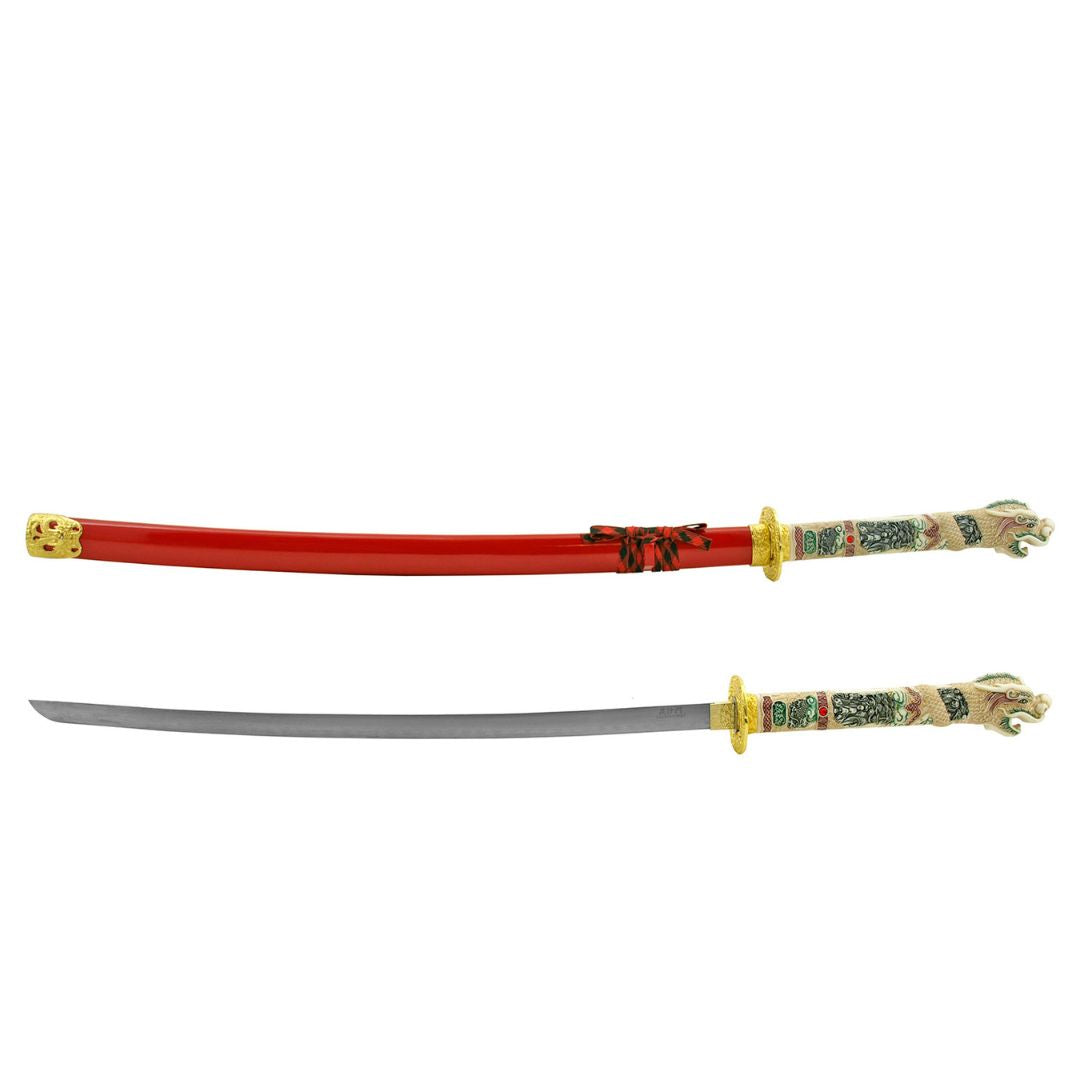 42.5" Ceremonial Award Samurai Katana Sword with Detailed Dragon Art Work Handle - Red