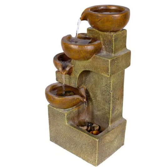 16 in. Tall Indoor/Outdoor Tabletop 4-Tier Pouring Pots Fountain, Brown