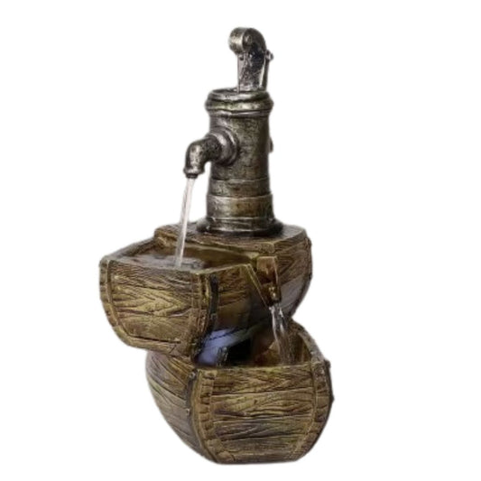 14 in. Tall Outdoor 2-Tier Water Pump Barrel Fountain with LED Lights