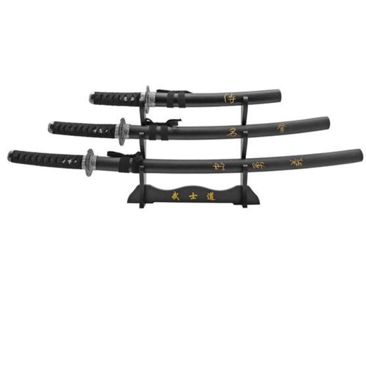 Traditional Japanese Three Samurai Katana Sword Display Set Classic Black Letter Design