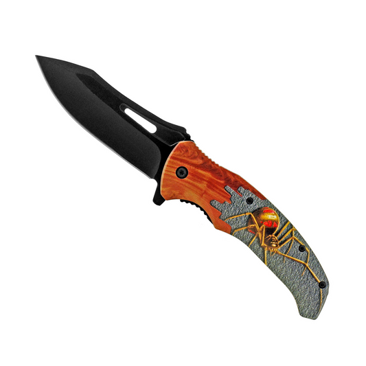 4.75" Drop Point Wooden Spyder Dagger Folding Pocket Knife – Red Arachnid