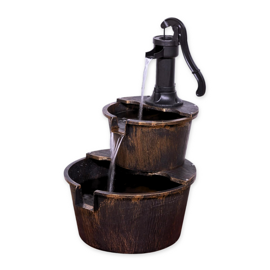 Alpine Corporation 27" Tall 2-Tier Barrel and Pump Waterfall Fountain – Bronze Finish