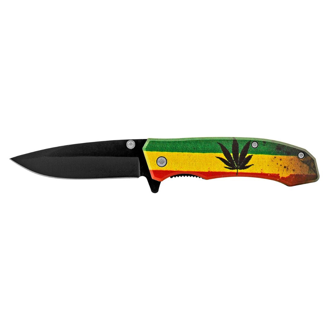 4" Classic Style Folding Pocket Knife - Mary Jane Leaf Rasta Flag