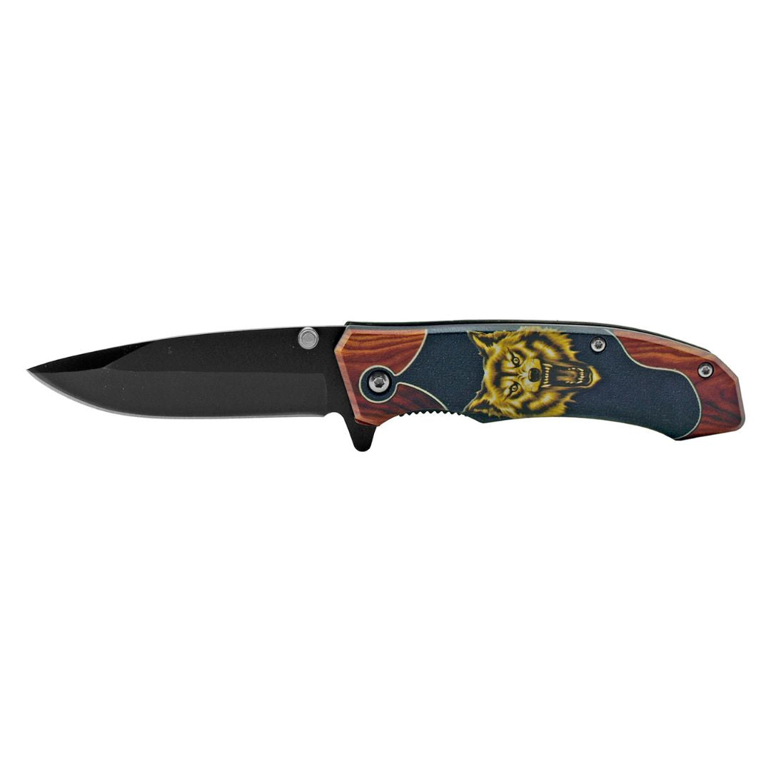 4" Classic Style Spring Assisted Drop Point Folding Pocket Knife - Wooden Style American Mountain Wolf