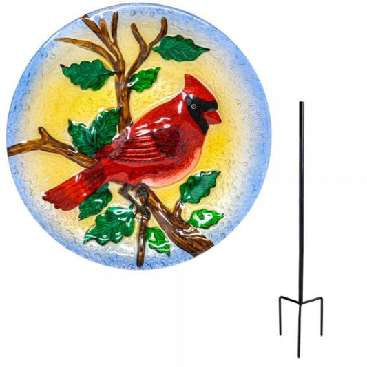 Staked Glass Cardinal Bird Bath