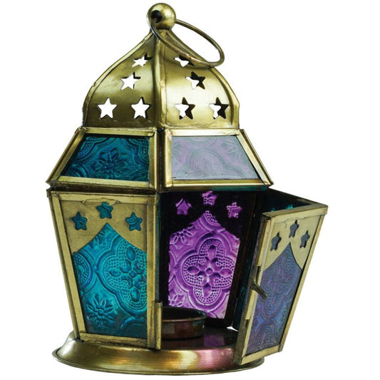 Teal & Purple Hex Glass Tealight Lantern