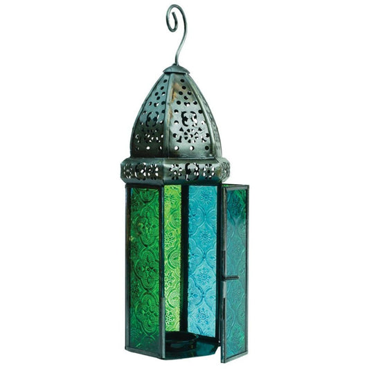 Teal And Green Large Hex Glass Lantern