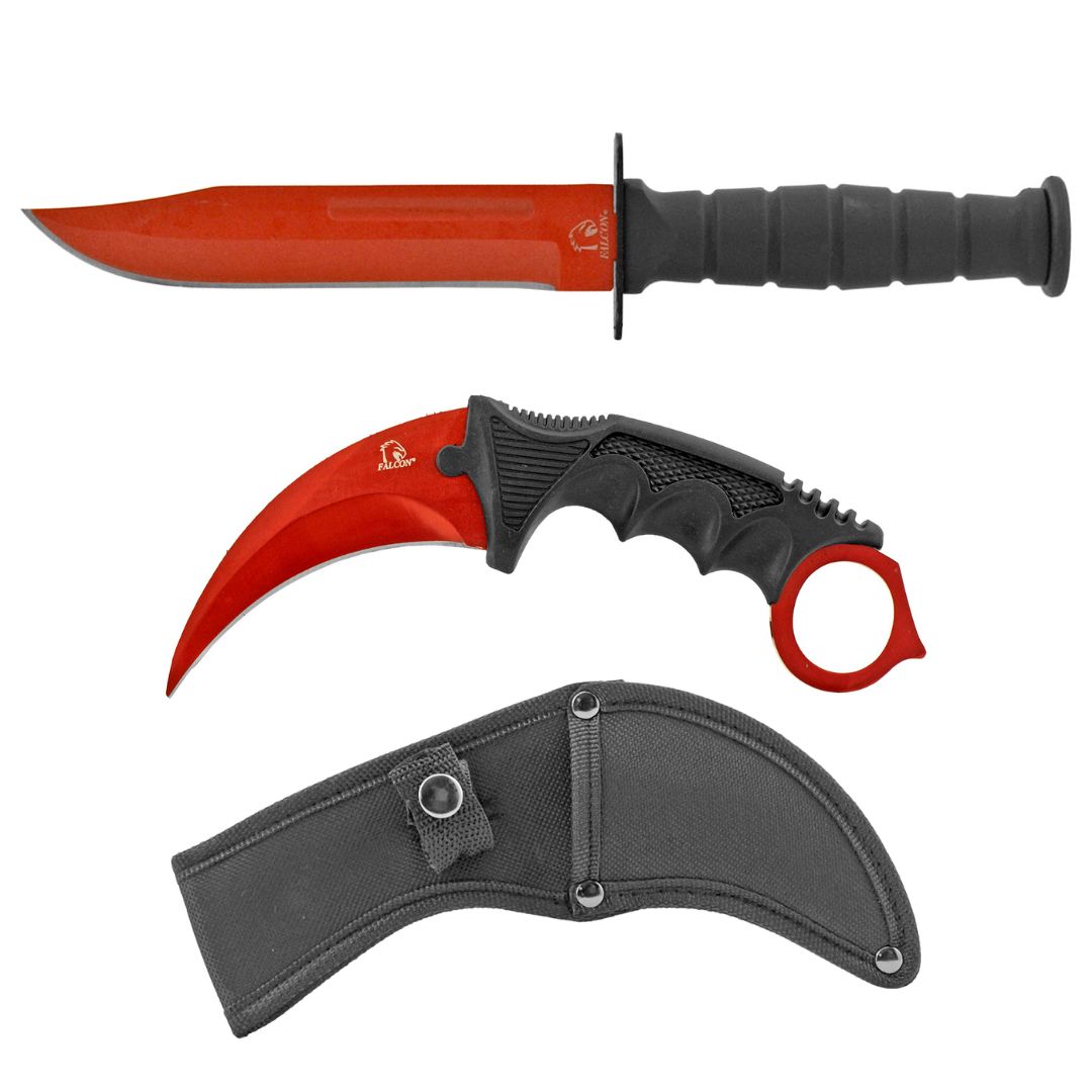 3 - pc. Machete Sword, Hunting, and Karambit Knife Set Collection - Red