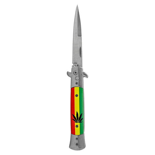 5" Stainless Steel Push Button Switchblade Folding Pocket Knife - Marijuana Rasta