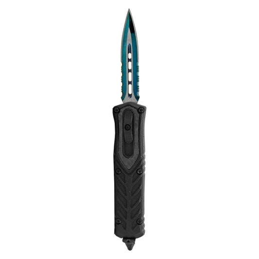 4" Serrated Spear Point Fist Grip Tactical OTF Out the Front Folding Pocket Knife - Blue Platinum