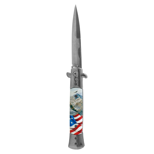 5" America the Beautiful Push Button Automatic Switchblade Folding Pocket Knife - Red, White, and Blue Flag