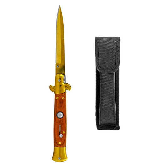 5" Switchblade Automatic Flip Out Folding Pocket Knife - Gold and Wood