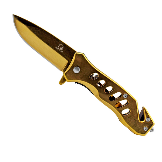 3.75" Falcon Spring Assisted Drop Point Folding Pocket Knife – Gold