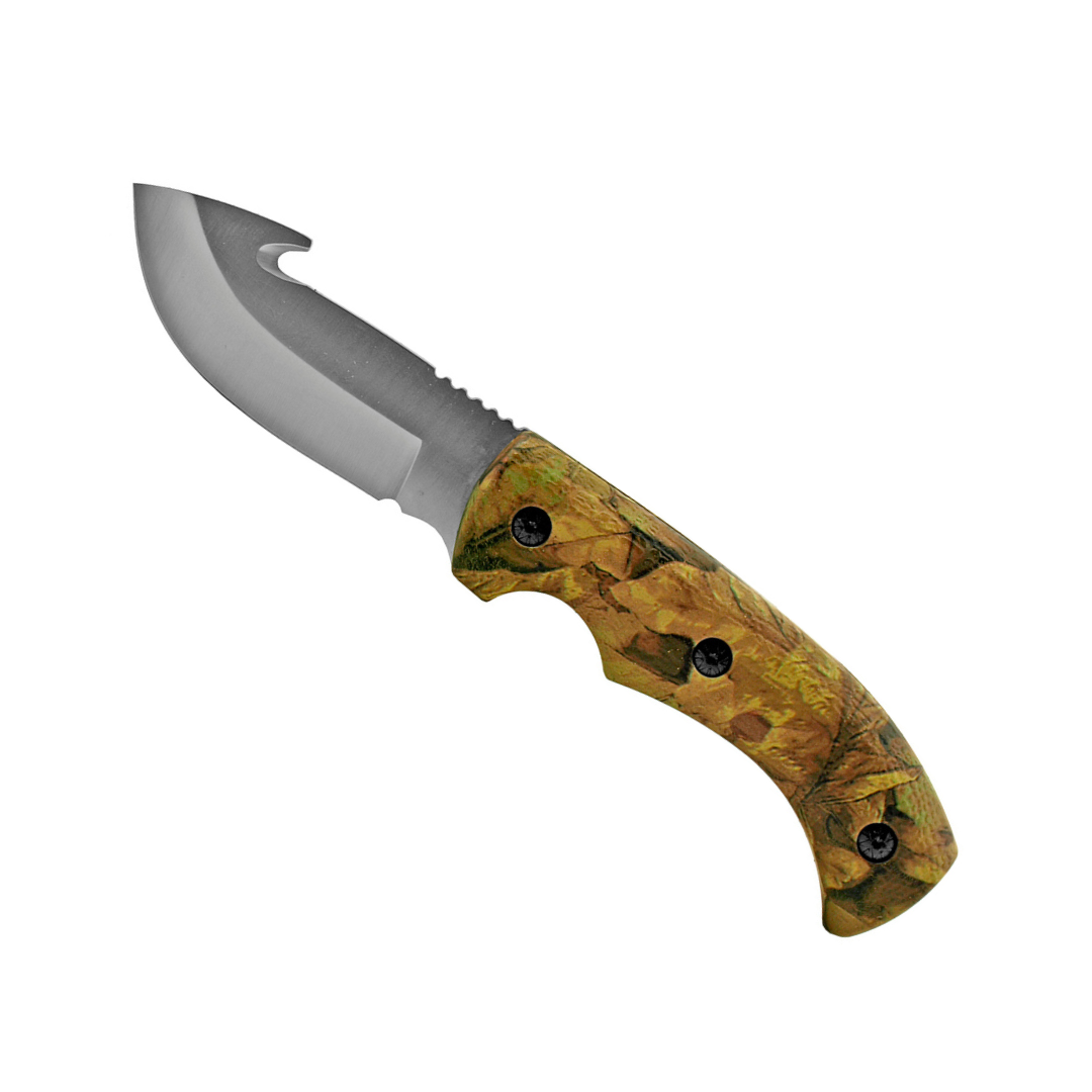 9" Full Tang Stainless Steel Gut Hook Filet Hunting Knife – Woodland Camo