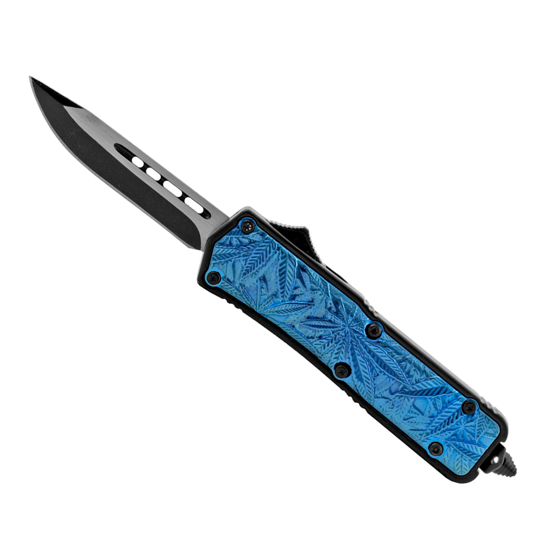 4.25" Stainless Steel Marijuana Palm Grip OTF Out the Front Folding Pocket Knife – Blue Drop Point