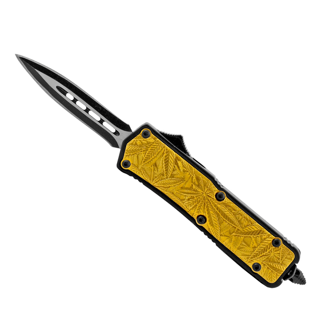 4.25" Stainless Steel Marijuana Palm Grip OTF Out the Front Folding Pocket Knife – Gold Drop Point