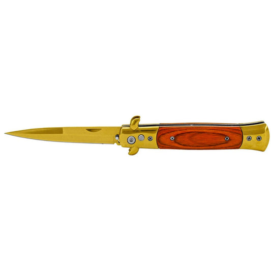 5" Spring Assisted Switchblade - Gold And Wood