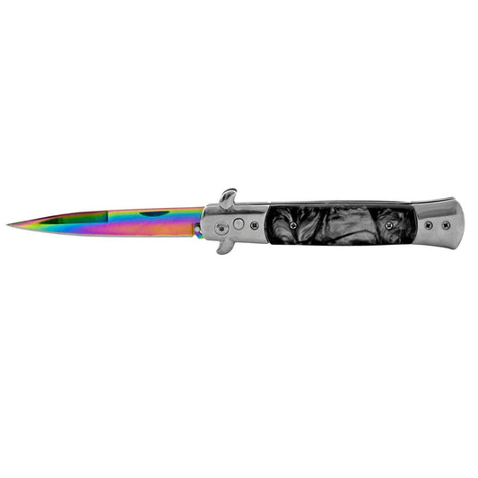 5" Stainless Steel Dagger Point Automatic Switchblade with Faux Marble Handle - Titanium