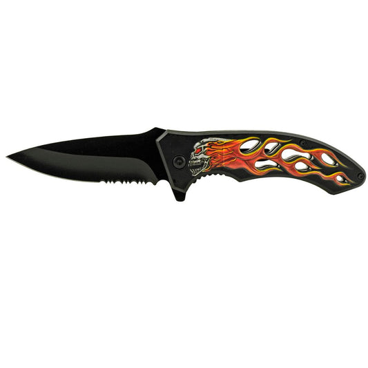 4.63" Go -Thru Spring Assisted Folding Knife - Ghost Rider Motorcycle Skull Flame